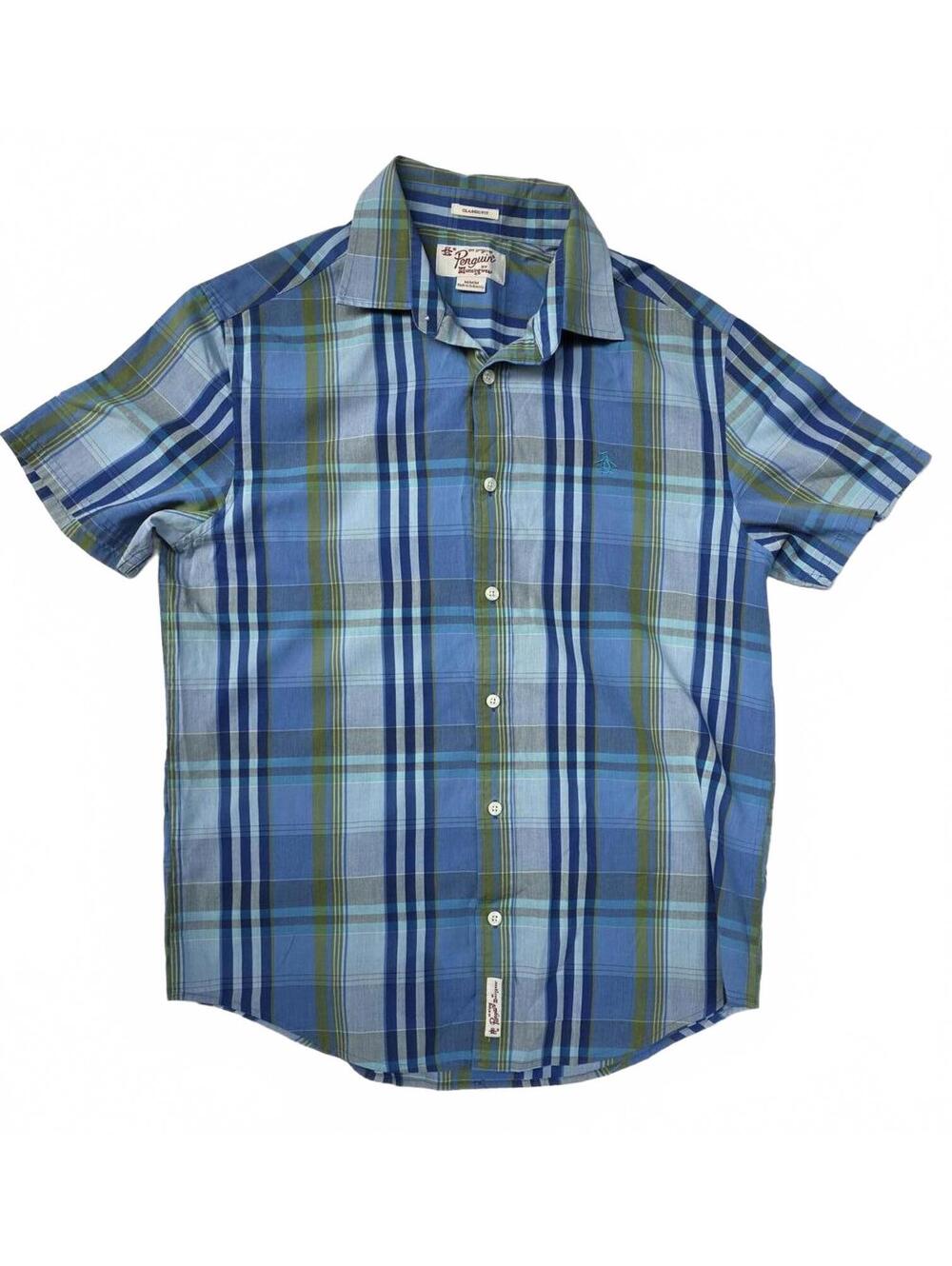 Penguin Original Men's Munsingwear Casual Short Sleeve Blue Plaid Shirt. Medium